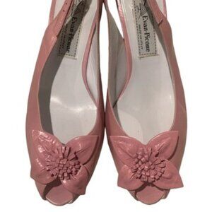 Vintage MCM Leather Pink Slingback Open Toe Kitten Heels With Floral Detail 50s